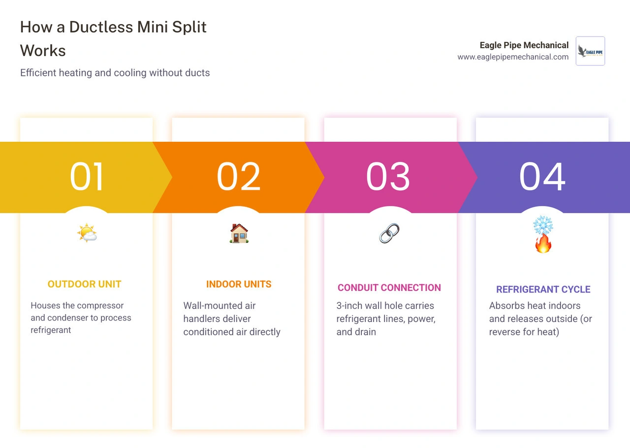 Infographic showing how a ductless mini split connects outdoor compressor to indoor air handler via conduit - how does a Infographic showing how a ductless mini split connects outdoor compressor to indoor air handler via conduit - how does a