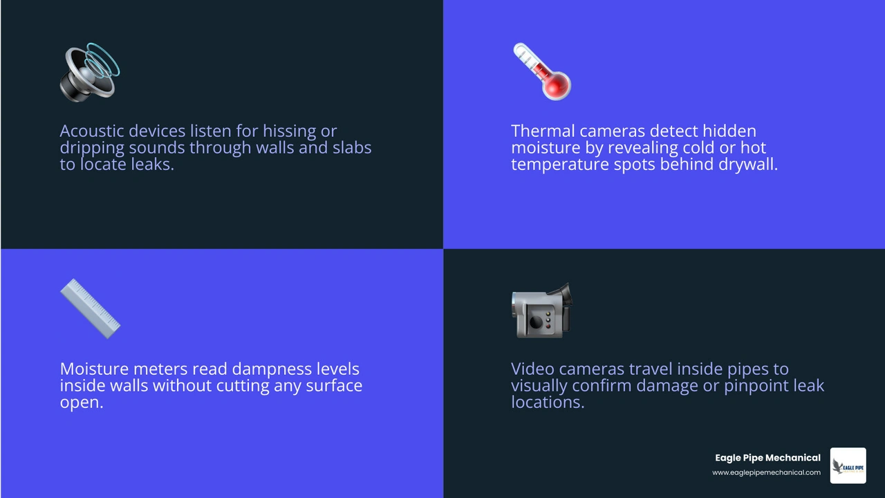 Infographic showing 7 non-invasive leak detection technologies used to find hidden leaks without tearing out walls Infographic showing 7 non-invasive leak detection technologies used to find hidden leaks without tearing out walls