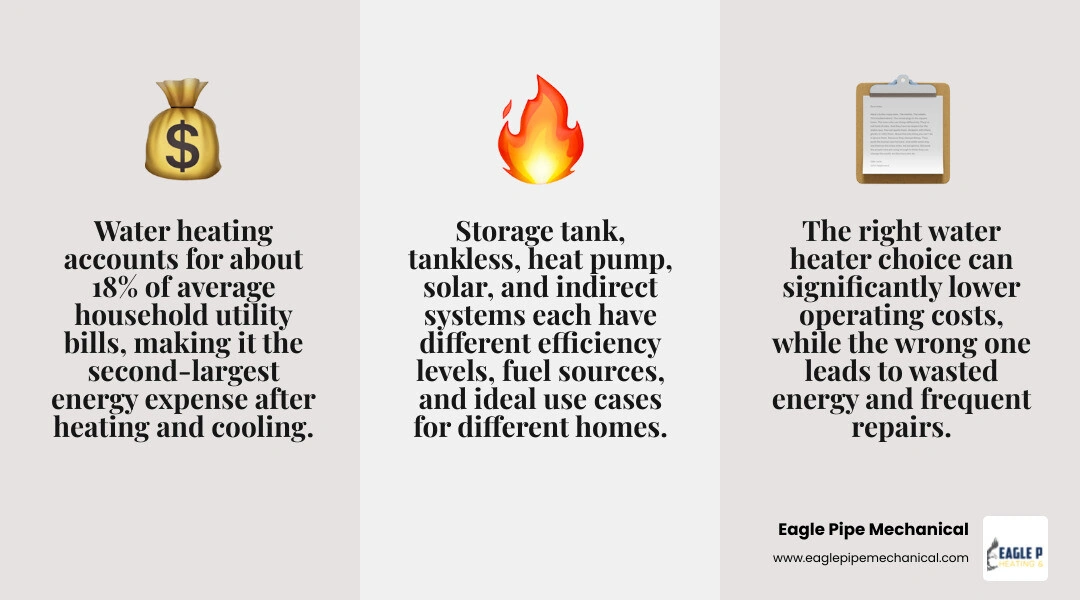 Infographic comparing water heater types by efficiency, fuel source, lifespan, and best use case infographic Infographic comparing water heater types by efficiency, fuel source, lifespan, and best use case infographic