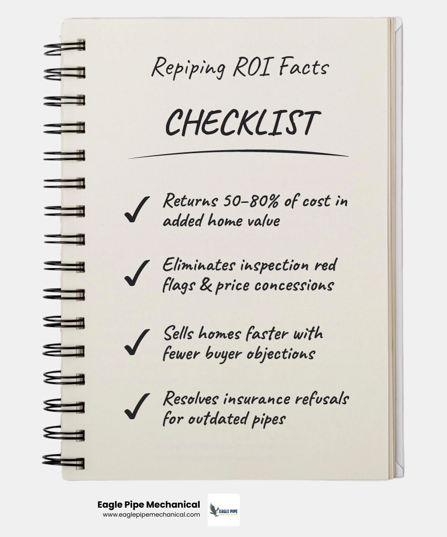 Infographic showing repiping home value benefits, inspection impact, and material options for Washington State homeowners