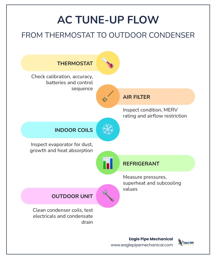 AC tune-up checklist infographic showing full inspection flow from thermostat to outdoor condenser unit infographic