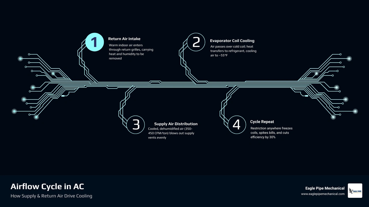 Infographic showing the cycle of supply and return air through a central AC system and how restriction impacts performance Infographic showing the cycle of supply and return air through a central AC system and how restriction impacts performance
