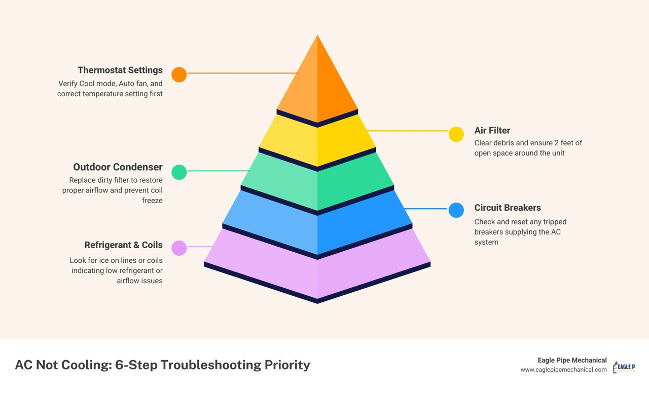 6-step AC troubleshooting process infographic for homeowners in Kitsap and Jefferson County infographic