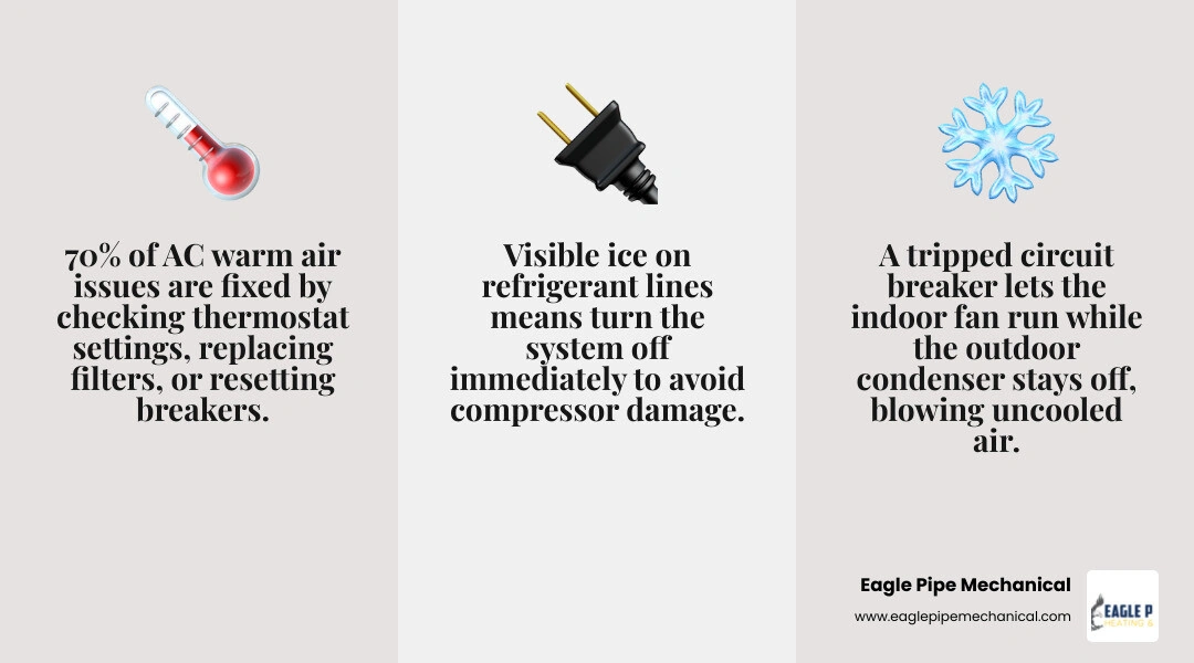 3 most common causes of AC blowing warm air: dirty filter, thermostat error, outdoor unit issue infographic 3 most common causes of AC blowing warm air: dirty filter, thermostat error, outdoor unit issue infographic
