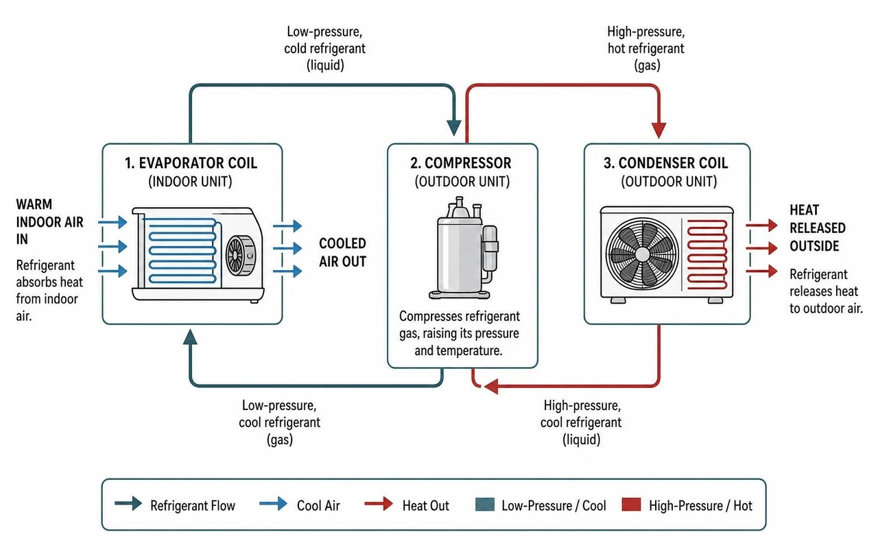 Refrigeration cycle diagram showing heat transfer from evaporator to condenser coil Refrigeration cycle diagram showing heat transfer from evaporator to condenser coil