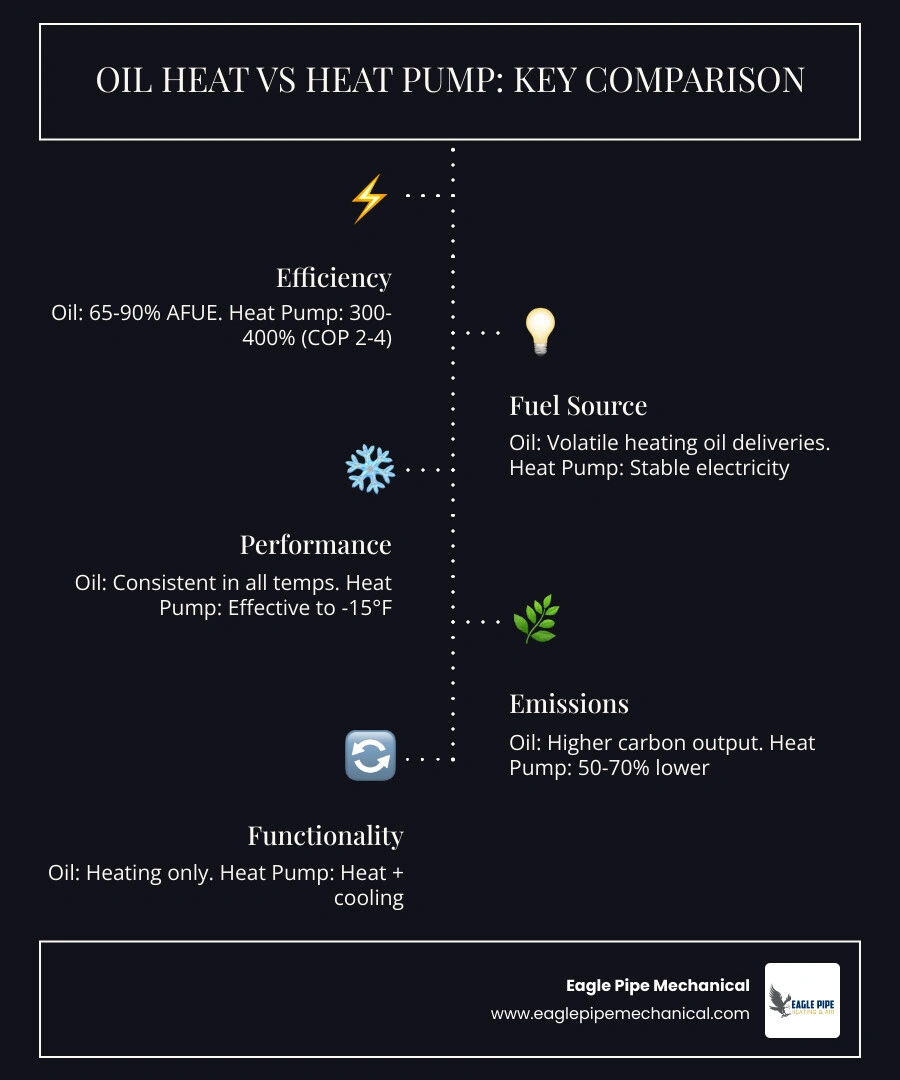 infographic comparing oil heat vs heat pump efficiency, emissions, cost, and climate performance - oil heat vs heat pump infographic comparing oil heat vs heat pump efficiency, emissions, cost, and climate performance - oil heat vs heat pump