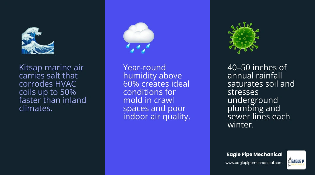 Infographic showing four Kitsap Peninsula climate factors and their impact on HVAC, plumbing, and indoor air quality Infographic showing four Kitsap Peninsula climate factors and their impact on HVAC, plumbing, and indoor air quality
