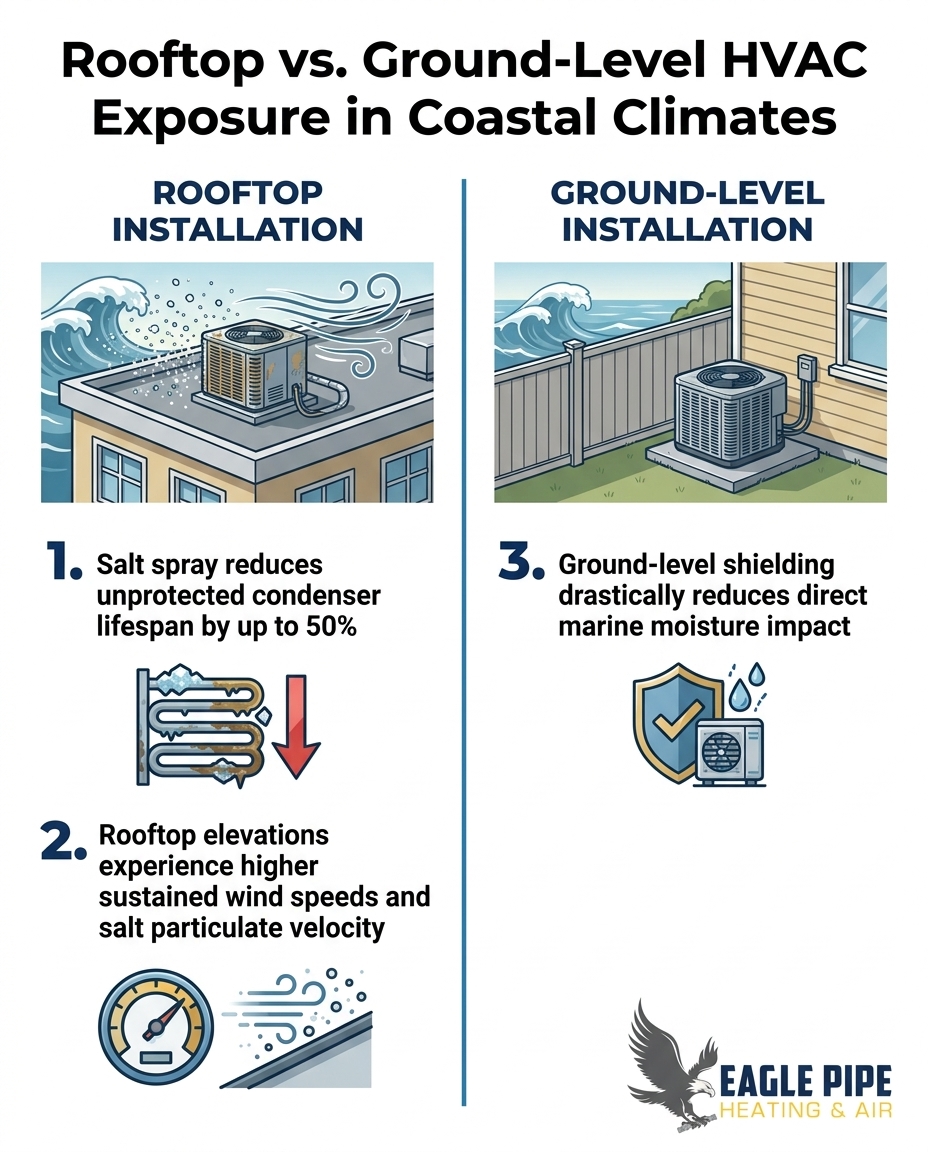 Rooftop vs. Ground-Level HVAC Exposure in Coastal Climates