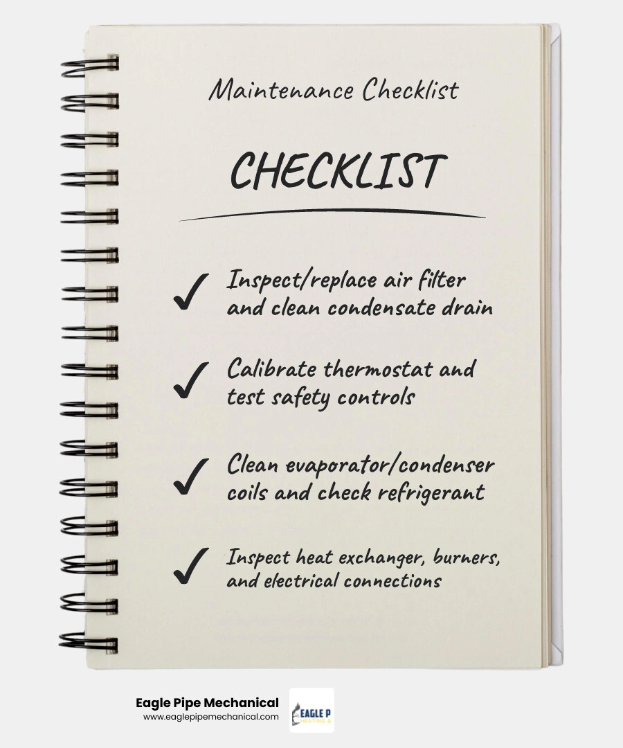Infographic showing what a professional HVAC maintenance visit includes, seasonal timing, and key benefits infographic Infographic showing what a professional HVAC maintenance visit includes, seasonal timing, and key benefits infographic