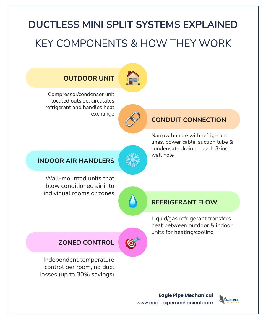 Infographic showing components and how a ductless mini split system works - ductless mini split systems explained Infographic showing components and how a ductless mini split system works - ductless mini split systems explained