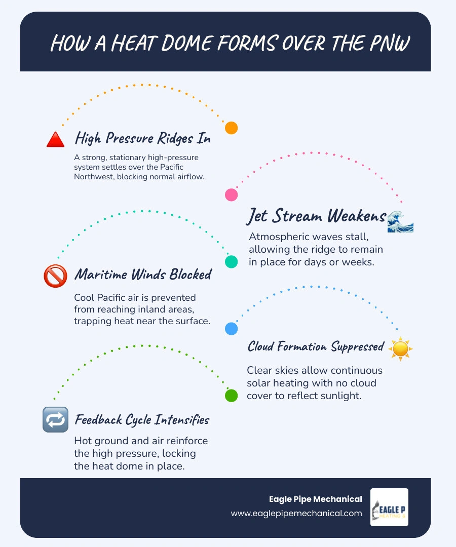 Infographic showing how heat domes trap warm air over the Pacific Northwest and impact home cooling needs infographic Infographic showing how heat domes trap warm air over the Pacific Northwest and impact home cooling needs infographic