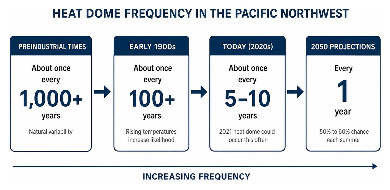 Infographic showing heat dome frequency increase in Pacific Northwest from preindustrial times to 2050 projections Infographic showing heat dome frequency increase in Pacific Northwest from preindustrial times to 2050 projections