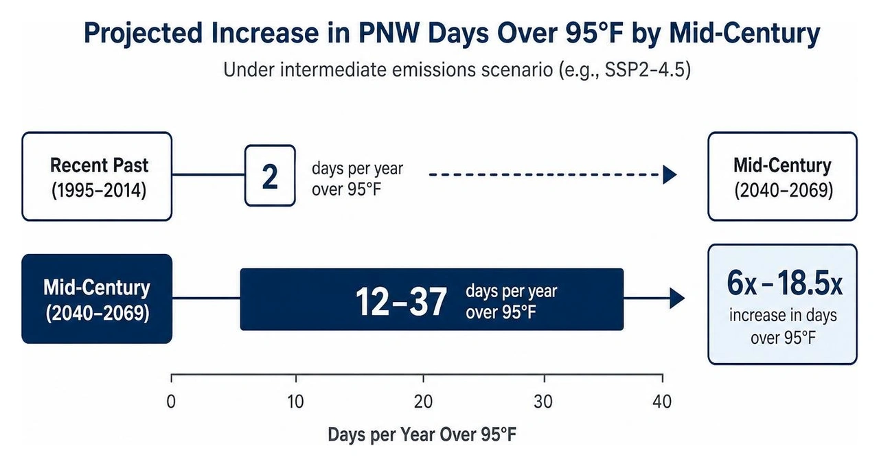 Diagram showing projected increase in PNW days over 95 degrees Fahrenheit by mid-century Diagram showing projected increase in PNW days over 95 degrees Fahrenheit by mid-century