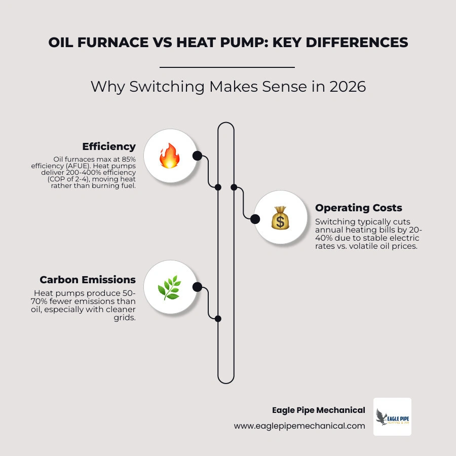 infographic comparing oil furnace AFUE efficiency vs electric heat pump COP ratings and annual costs - is converting from