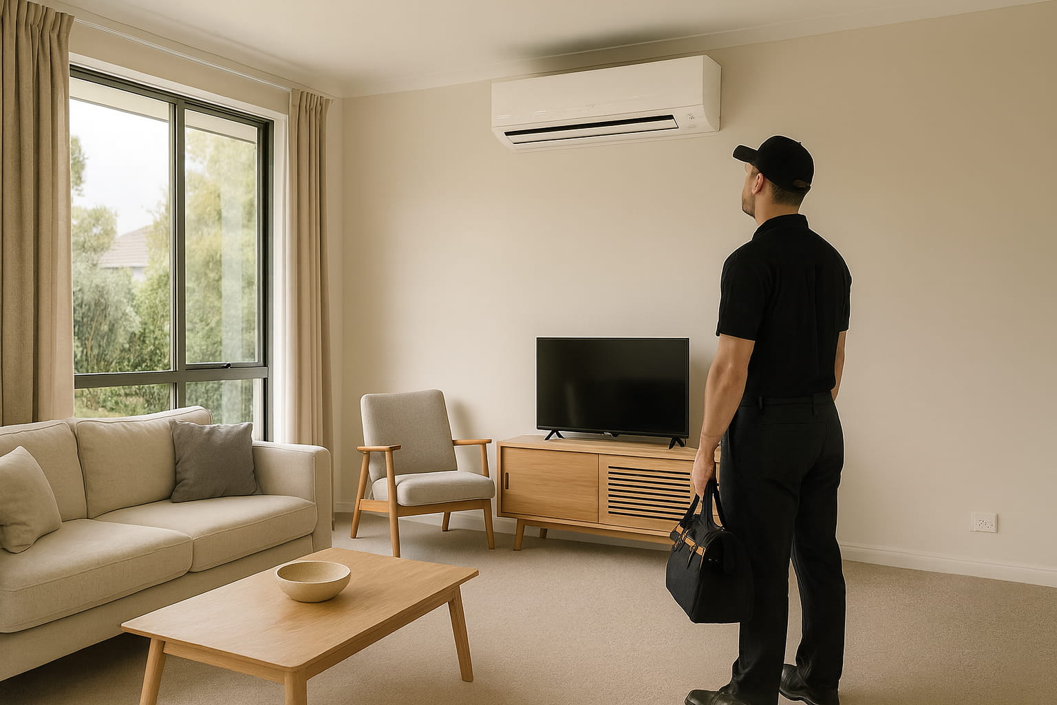 Technician standing in a living room looking at a wall-mounted air conditioner, holding a black bag.