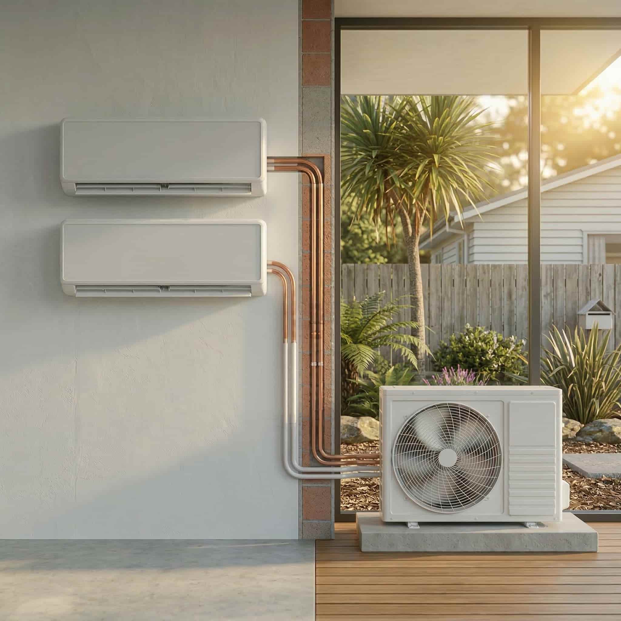 Two indoor wall-mounted heat pump units connected by copper pipes to an outdoor compressor unit next to a glass window with garden view.
