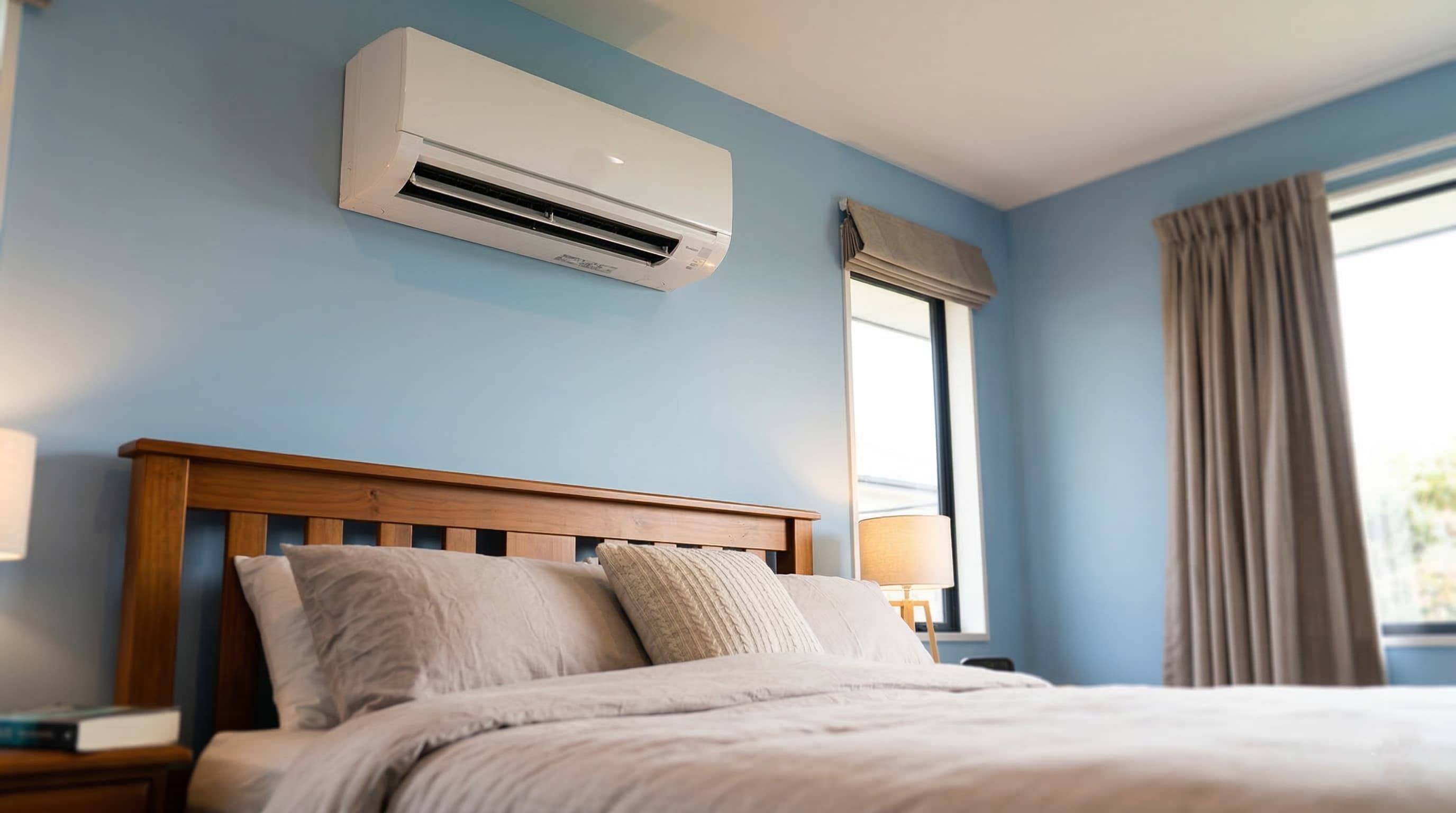 Modern bedroom with a wooden bed, beige bedding, two windows with curtains, and a white wall-mounted air conditioning unit.