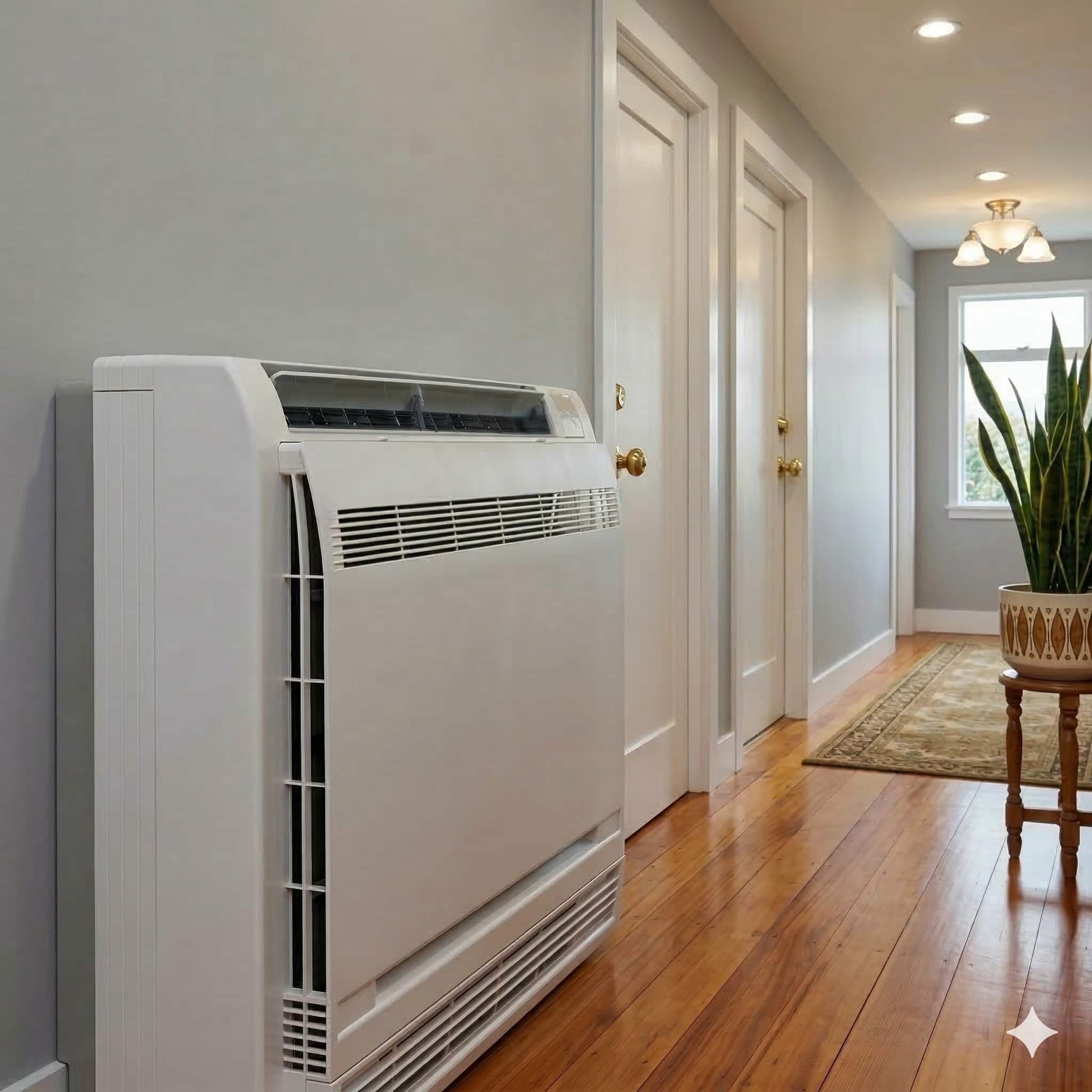 White floor console heat pump mounted against a grey wall in a hallway with wooden floors and white doors.