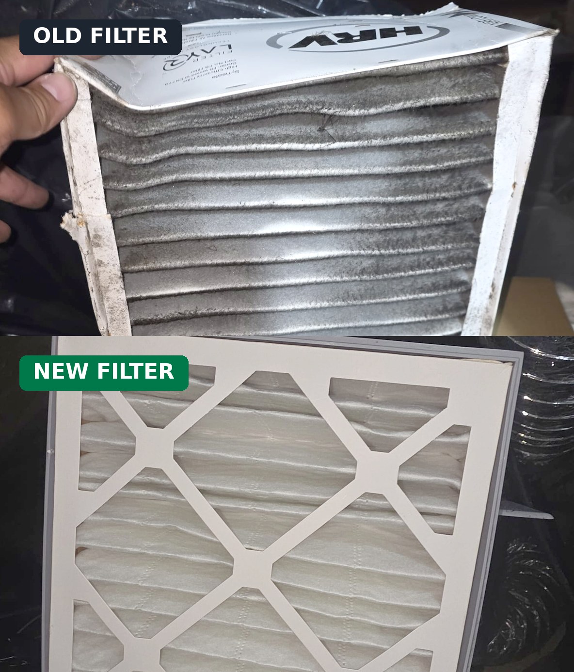 An old, dust-clogged HRV filter above a clean new HRV filter
