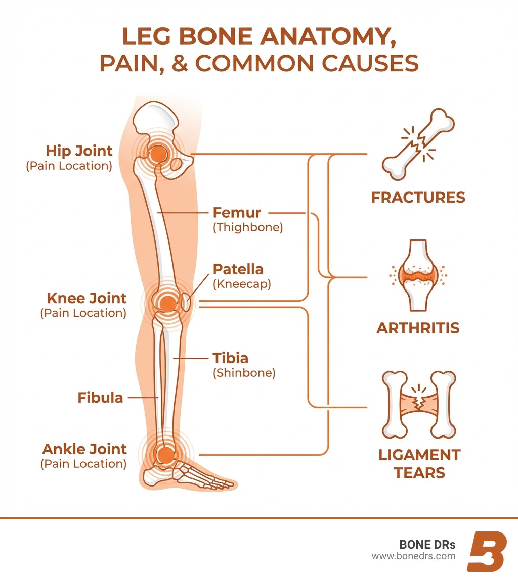 infographic showing the anatomy of leg bones including the femur (thighbone), patella (kneecap), tibia (shinbone), and fibula, with labels indicating common pain locations such as hip joint, knee joint, and ankle joint, plus icons showing common causes like fractures, arthritis, and ligament tears - leg bone specialist near me infographic infographic showing the anatomy of leg bones including the femur (thighbone), patella (kneecap), tibia (shinbone), and fibula, with labels indicating common pain locations such as hip joint, knee joint, and ankle joint, plus icons showing common causes like fractures, arthritis, and ligament tears - leg bone specialist near me infographic