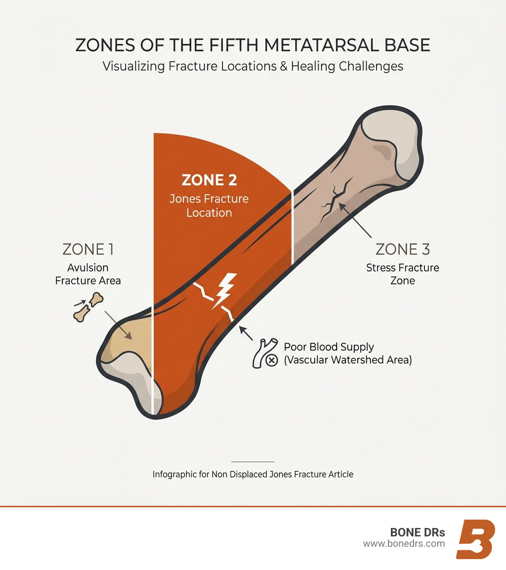 Infographic showing the three zones of the fifth metatarsal base, with Zone 1 labeled as avulsion fracture area near the tuberosity, Zone 2 highlighted as the Jones fracture location at the metaphyseal-diaphyseal junction with notation of poor blood supply, and Zone 3 marked as the stress fracture zone in the diaphysis - non displaced jones fracture infographic 
