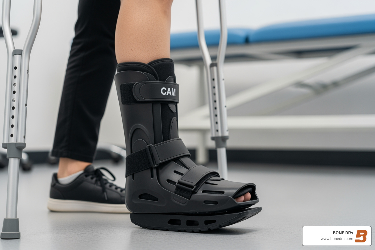Patient wearing a walking boot (CAM boot) for a Jones fracture - non displaced jones fracture