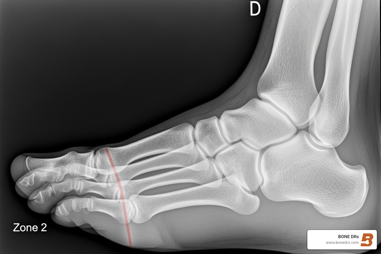 X-ray showing a non-displaced Jones fracture at the base of the fifth metatarsal, Zone 2 - non displaced jones fracture
