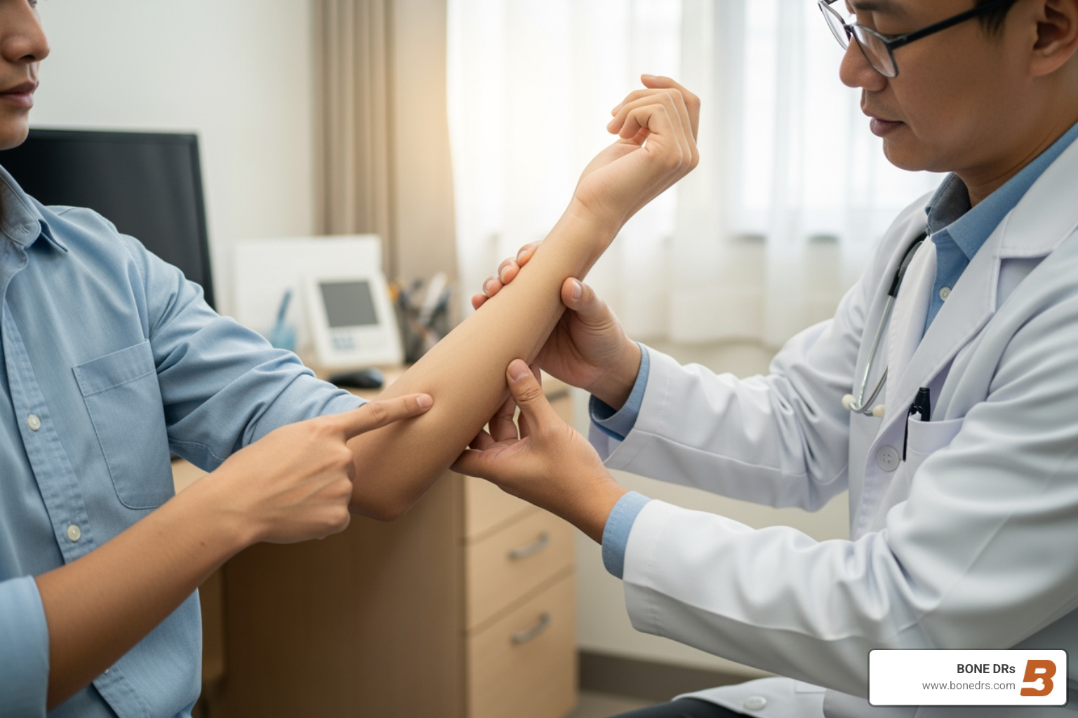 specialist consultation between a doctor and a patient discussing elbow range of motion and pain levels - Elbow pain specialist