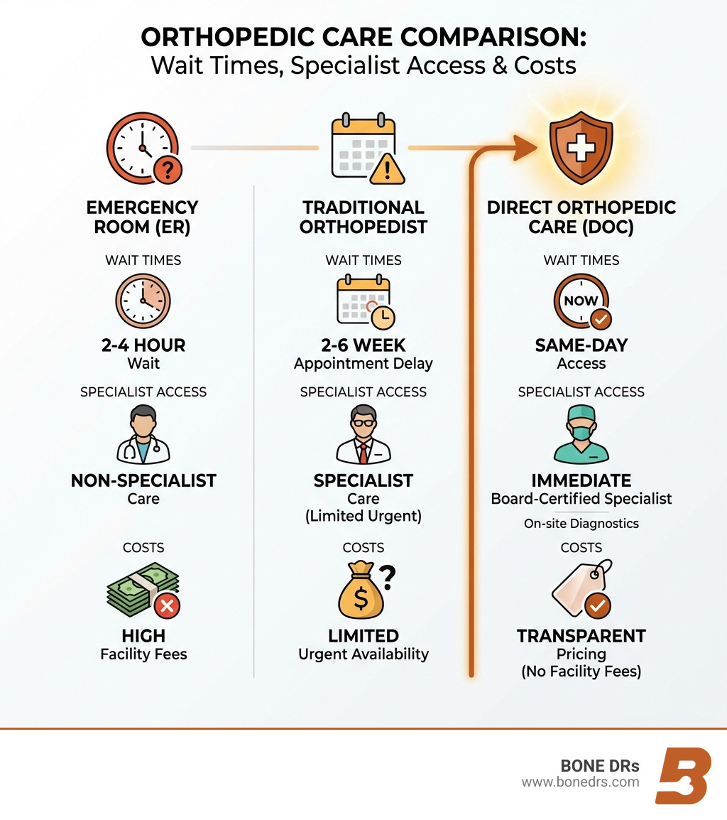 Infographic comparing wait times, costs, and specialist access between emergency rooms averaging 2-4 hour waits with non-specialist care and high facility fees, traditional orthopedists requiring 2-6 week appointment delays with specialist care but limited urgent availability, and direct orthopedic care clinics offering same-day access with immediate board-certified specialist care, on-site diagnostics, and transparent pricing without facility fees - doc orthopedic near me infographic Infographic comparing wait times, costs, and specialist access between emergency rooms averaging 2-4 hour waits with non-specialist care and high facility fees, traditional orthopedists requiring 2-6 week appointment delays with specialist care but limited urgent availability, and direct orthopedic care clinics offering same-day access with immediate board-certified specialist care, on-site diagnostics, and transparent pricing without facility fees - doc orthopedic near me infographic