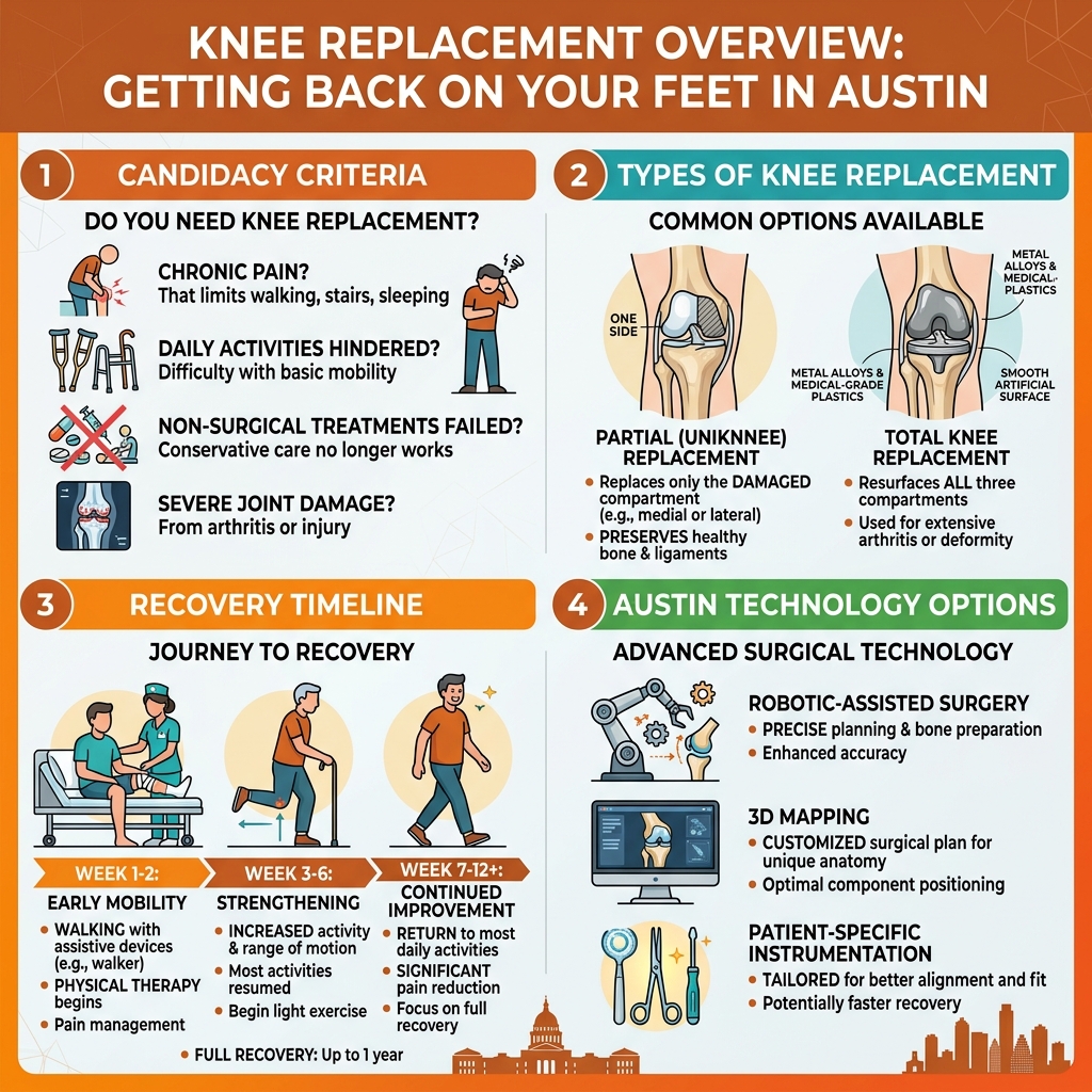 Infographic showing knee replacement overview: types, recovery timeline, candidacy criteria, and Austin technology options Infographic showing knee replacement overview: types, recovery timeline, candidacy criteria, and Austin technology options