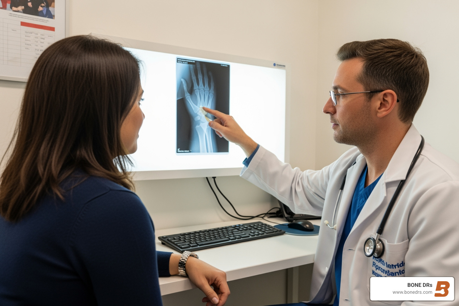 of a doctor reviewing a wrist X-ray with a patient - doctor for broken wrist