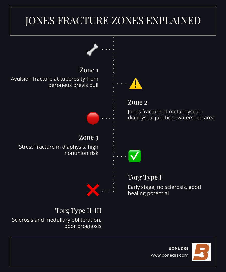 Jones fracture zones and classification infographic showing Zone 1 avulsion fracture, Zone 2 Jones fracture at metaphyseal-diaphyseal junction, Zone 3 stress fracture, blood supply watershed area, Torg classification types I-III, and comparison of surgical versus non-surgical treatment timelines - jones fracture infographic infographic-line-5-steps-dark Jones fracture zones and classification infographic showing Zone 1 avulsion fracture, Zone 2 Jones fracture at metaphyseal-diaphyseal junction, Zone 3 stress fracture, blood supply watershed area, Torg classification types I-III, and comparison of surgical versus non-surgical treatment timelines - jones fracture infographic infographic-line-5-steps-dark