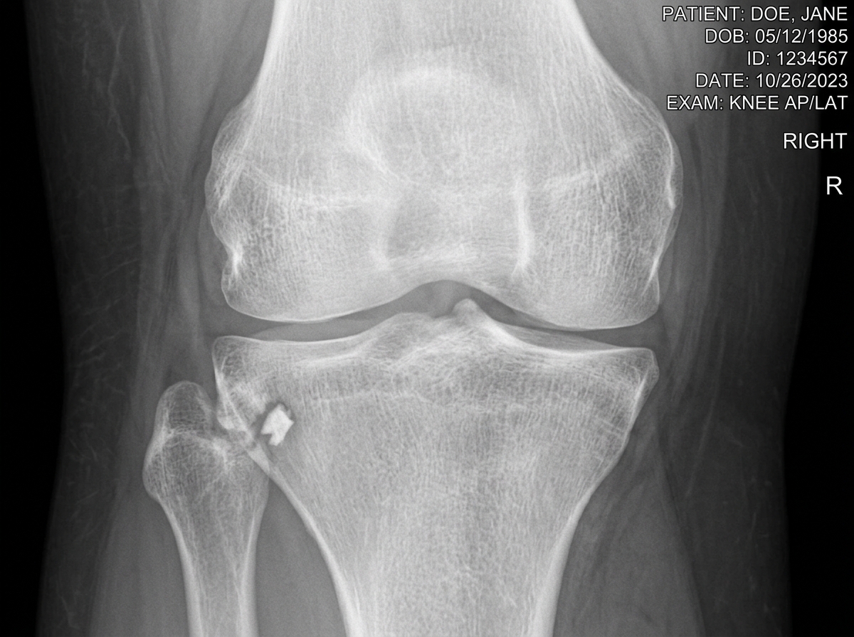 X-ray showing the small bone fragment of a Segond fracture on the lateral tibia - ACL tear with fracture