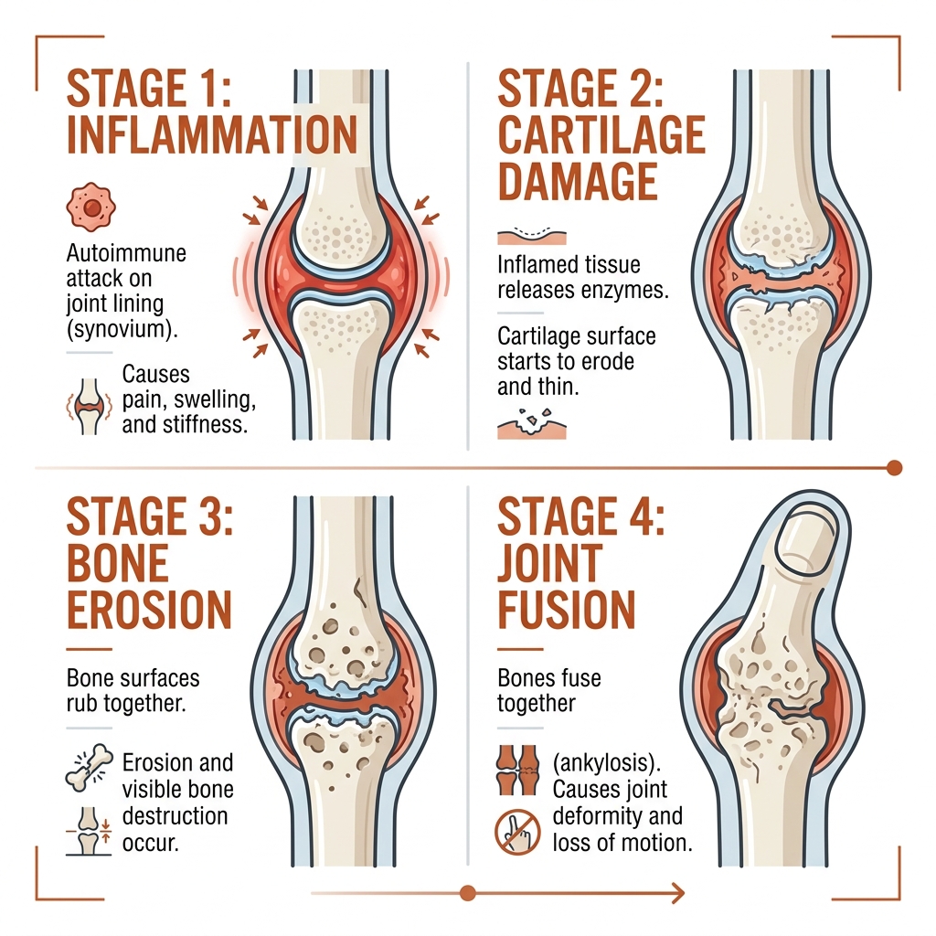 Four stages of RA progression: inflammation, cartilage damage, bone erosion, joint fusion - rheumatoid arthritis pain relief Four stages of RA progression: inflammation, cartilage damage, bone erosion, joint fusion - rheumatoid arthritis pain relief
