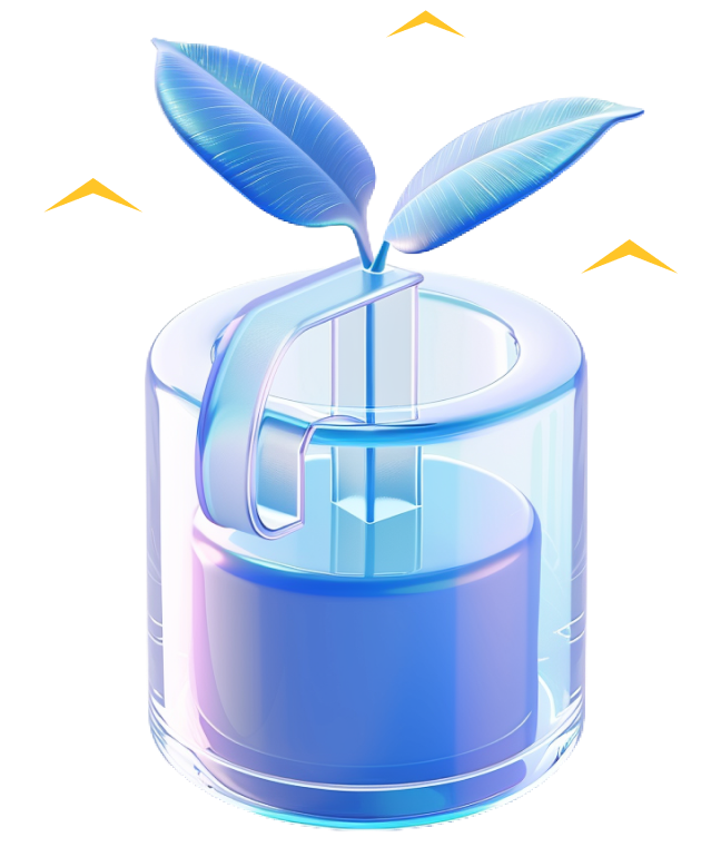 A blue container with a plant inside of it.
