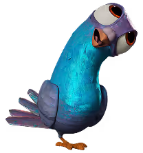 3D cartoon bird Pigeon with shiny blue feathers and curious expression