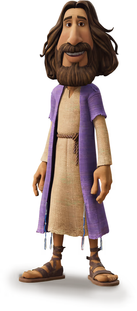 3D animated Jesus character wearing beige tunic and purple robe in The Chosen Adventures