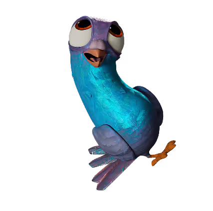 3D cartoon bird Pigeon with shiny blue feathers and curious expression