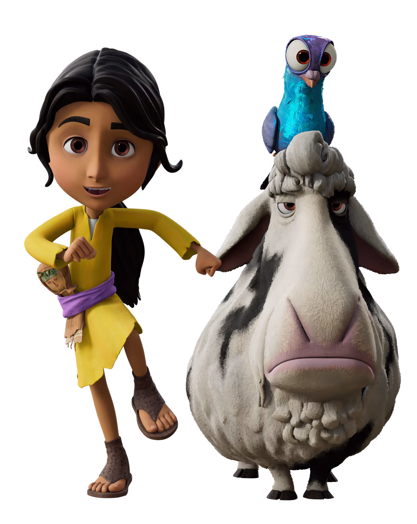 Abby running with Sheep while Pigeon sits playfully on the sheep’s head in The Chosen Adventures