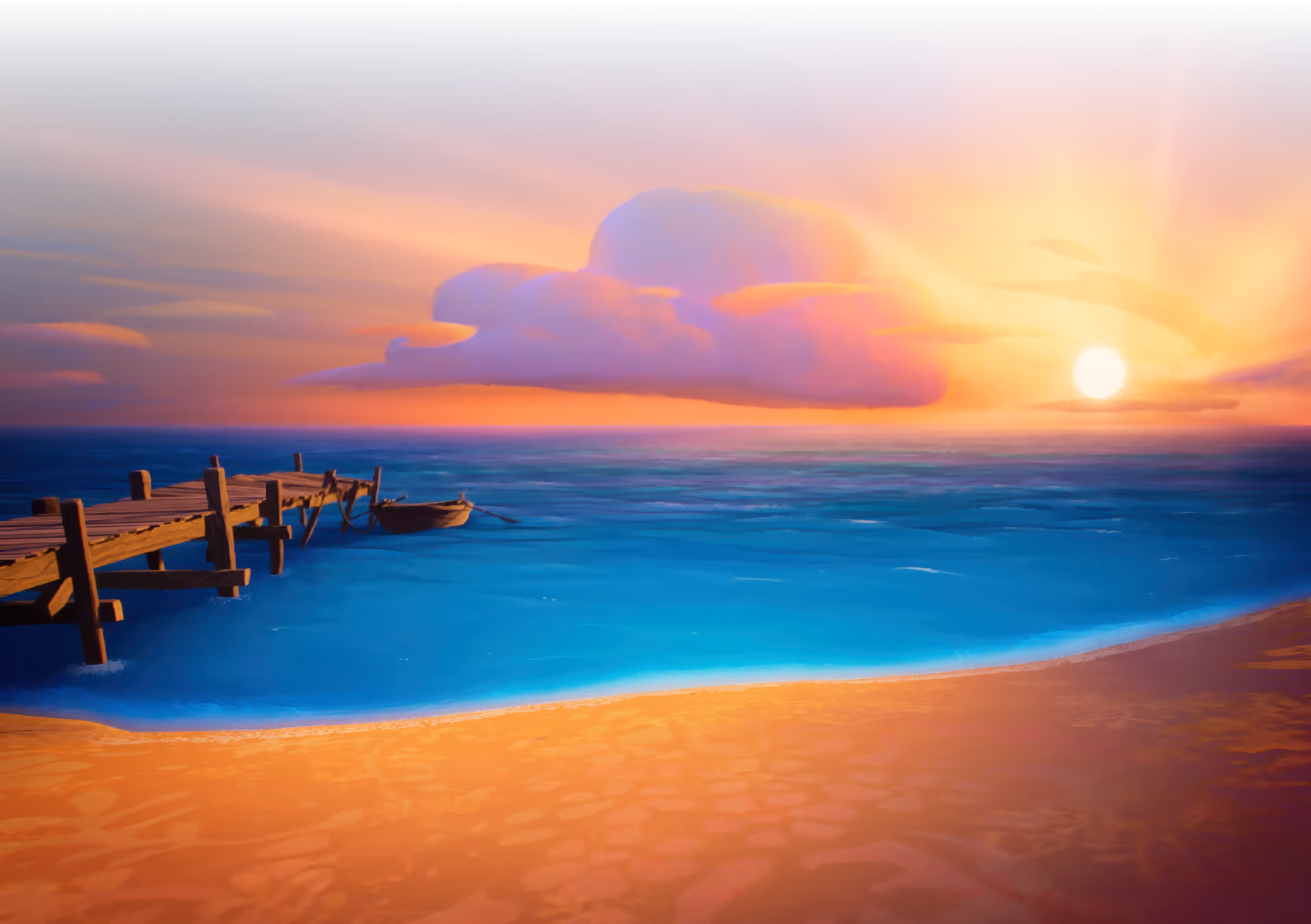 A wooden dock and rowboat sit by a calm ocean at sunset, with warm orange light reflecting on the water and sand under a large cloud.