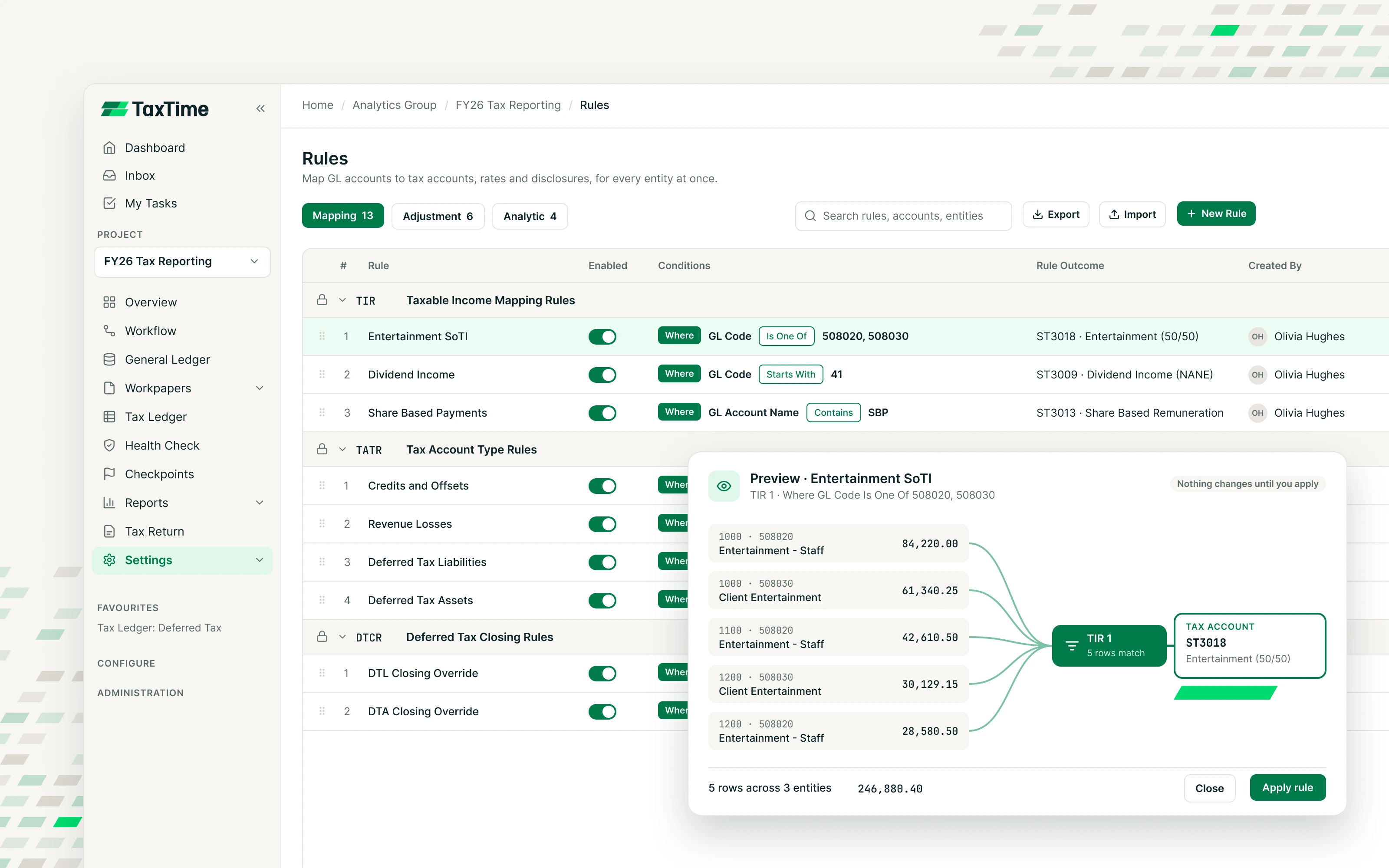 GL-level tax adjustment rule with a preview of the accounts it picks up before it is applied