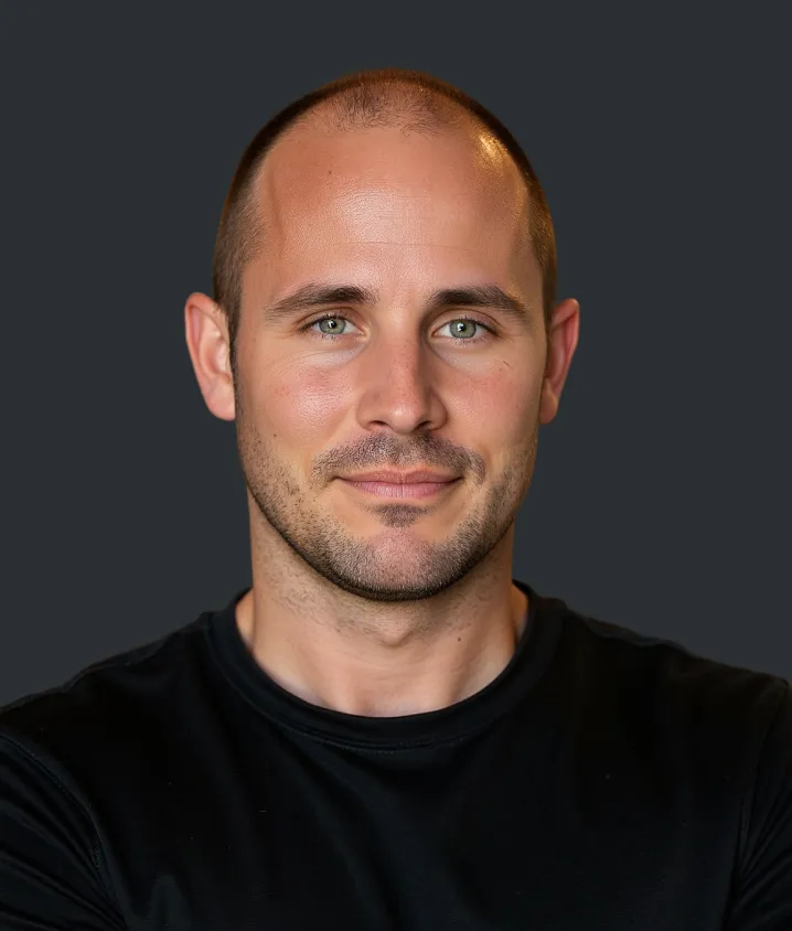 Portrait of a man with short hair and a trimmed beard wearing a black shirt against a dark background. John Zink