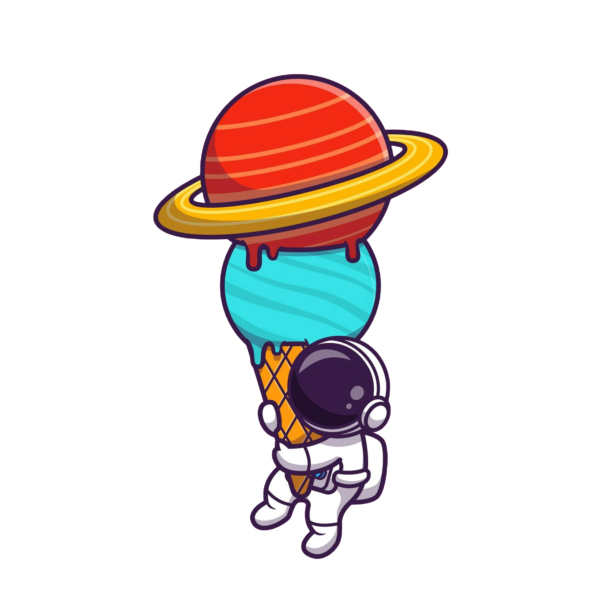 A decorative  image representing Creative Services. In which there is and Illustrated Astronaut  hanging onto to the base of an ice cream cone on which the ice cream scoops are designed like a planets. 