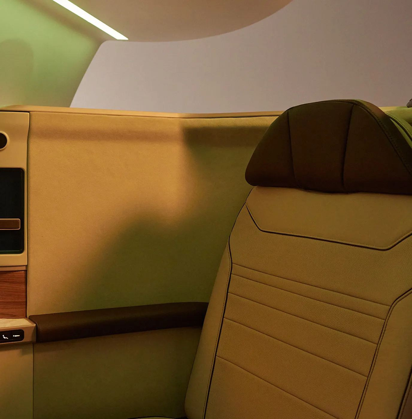 The interior of an airplane with a leather seat.
