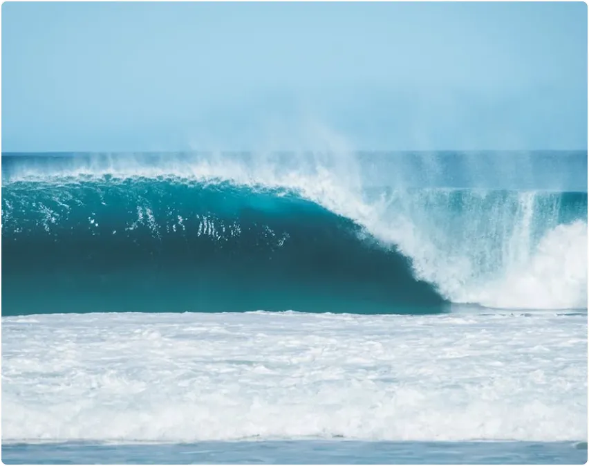 A large wave is breaking in the ocean.