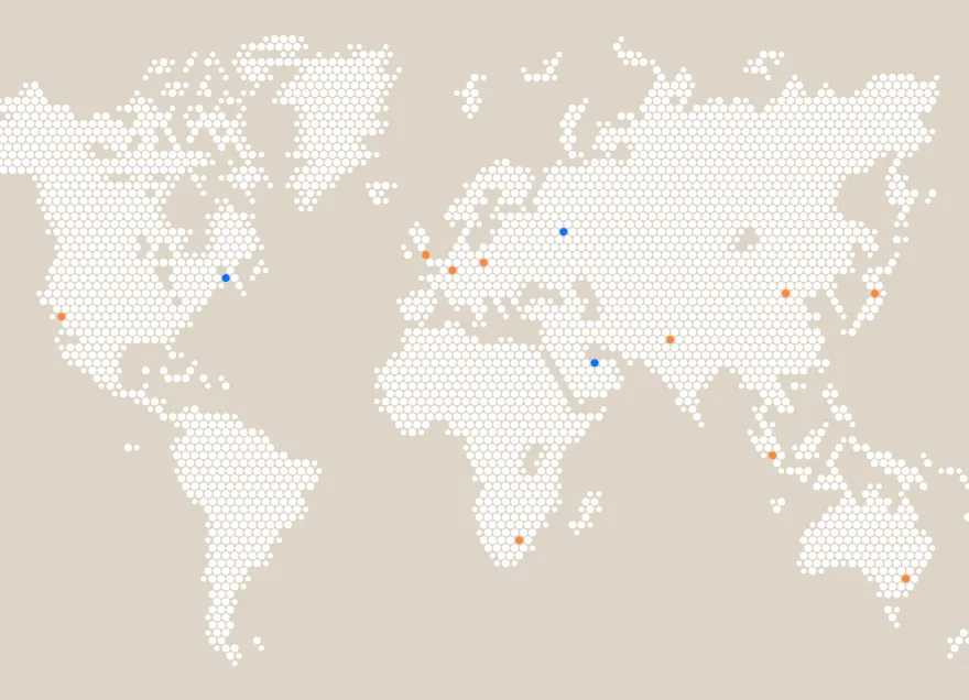 A map of the world with dots on it.