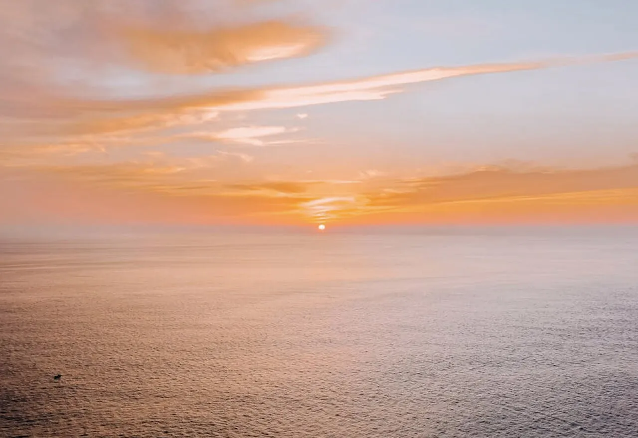 A large body of water with a sunset in the background.