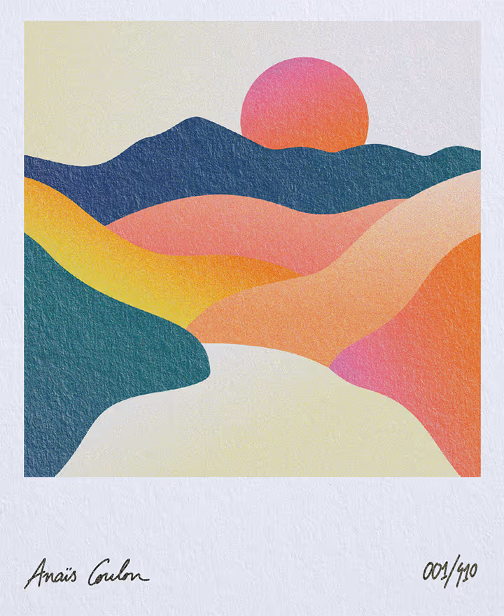 Signierter Kunstdruck einer abstrakten Landschaft bei Sonnenuntergang, nummerierte Auflage Anaïs Coulon