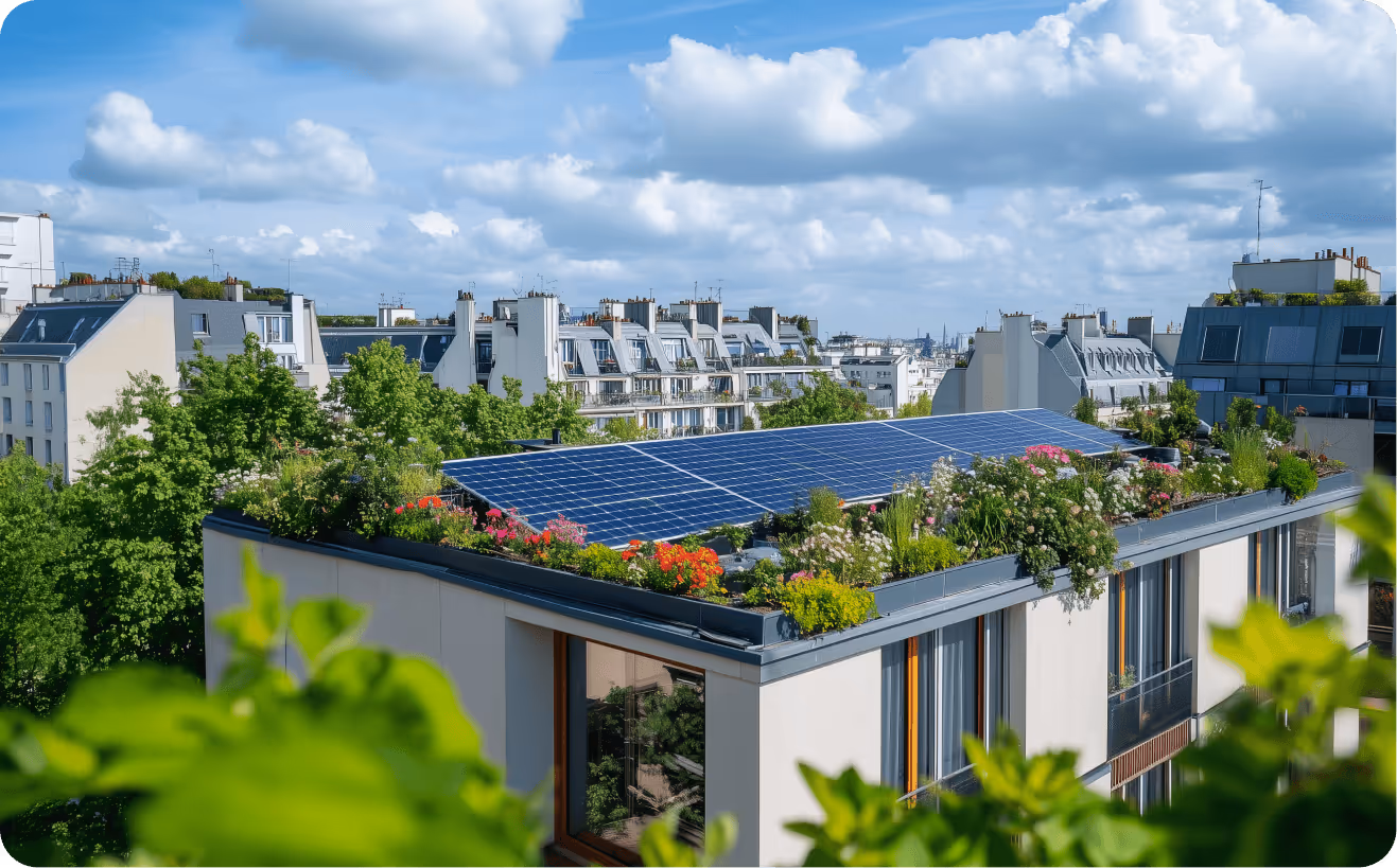 PV-Fördermöglichkeiten in Hamburg: Stadthaus mit Dachbegrünung und Photovoltaik-Anlage | metergrid