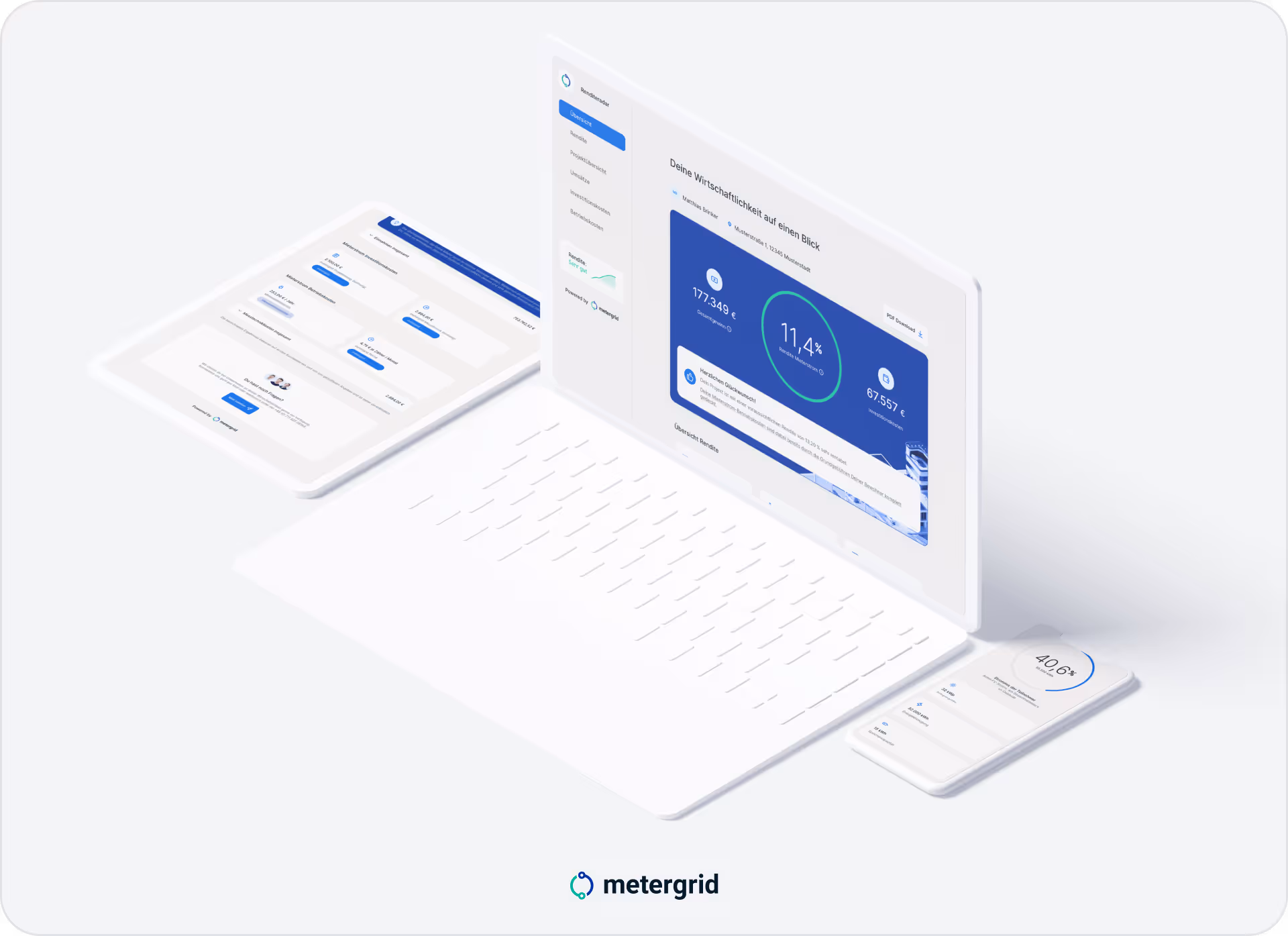 Laptop, Smartphone und Tablet mit Rendite Radar von metergrid. Das smarte Tool zur Wirtschaftlichkeitsberechnung von Mieterstrom Projekten